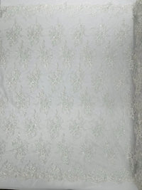 Floral Leaf Beaded Fabric - White - Embroidered Flower Leaf Design Beaded Fabric By Yard